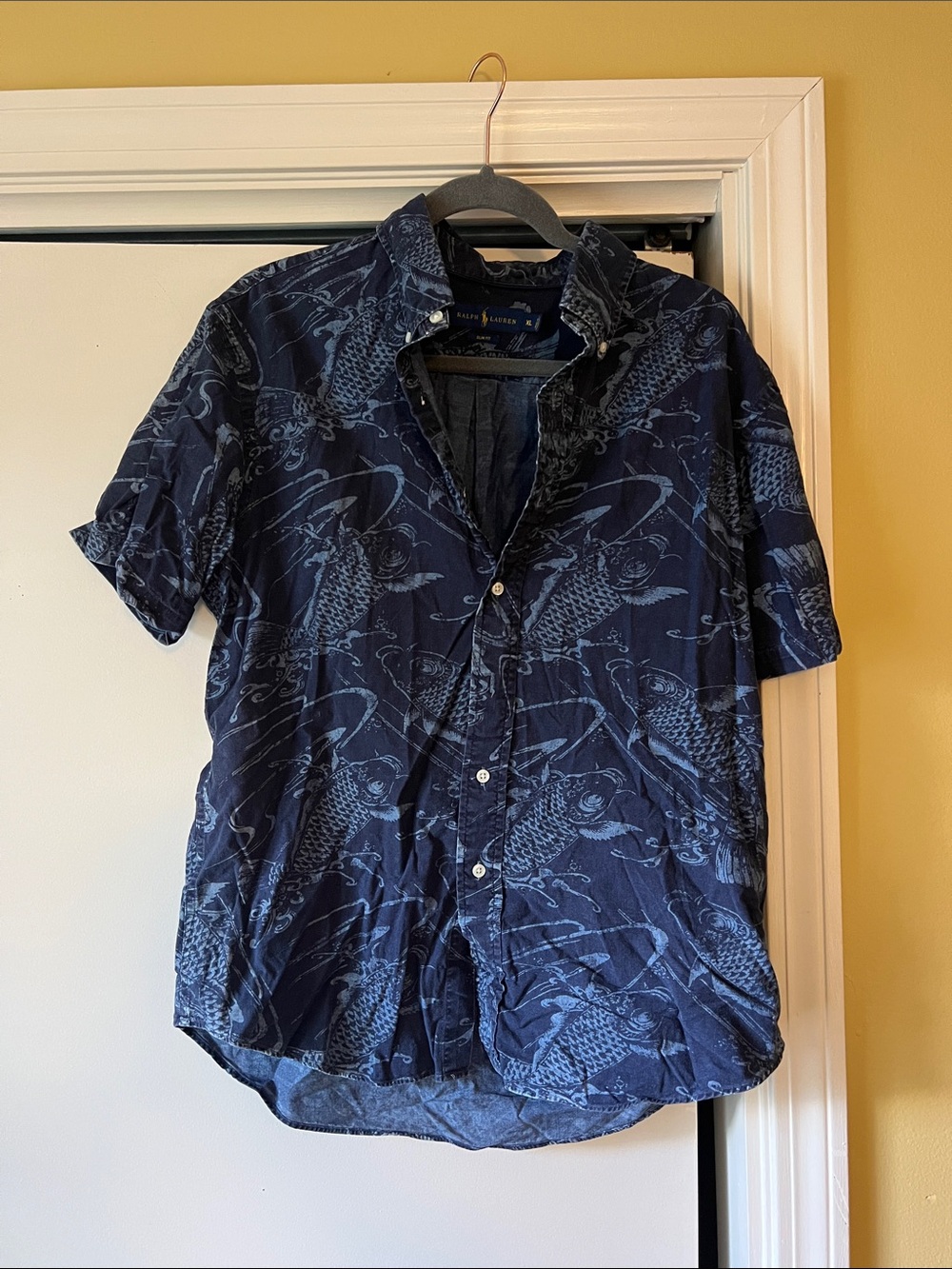 Ralph Lauren Navy Short-Sleeve Button-Down with Koi Print XL